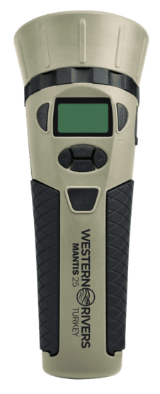 Western Rivers Mantis 25 turkey sound Electronic Game Call features tan plastic housing and rubber grips